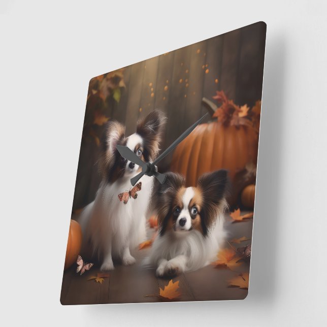 Papillon Puppy Autumn Delight Pumpkin Square Wall Clock (Angle)