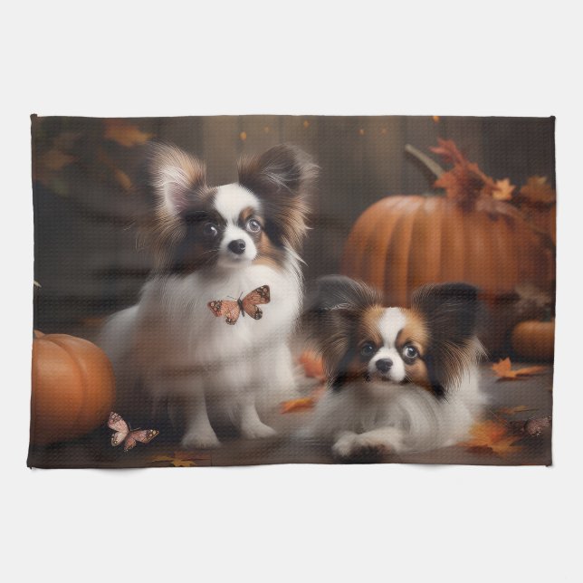 Papillon Puppy Autumn Delight Pumpkin Tea Towel (Horizontal)