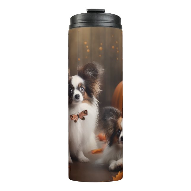 Papillon Puppy Autumn Delight Pumpkin Thermal Tumbler (Front)