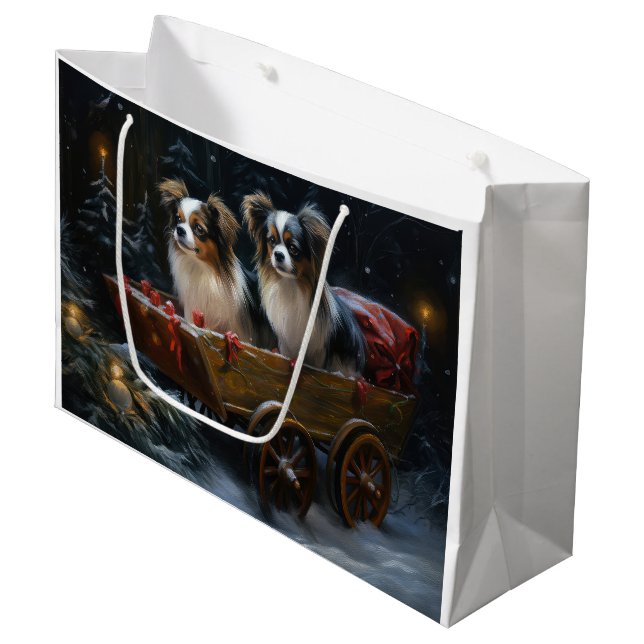Papillon Snowy Sleigh Christmas Decor  Large Gift Bag (Front Angled)