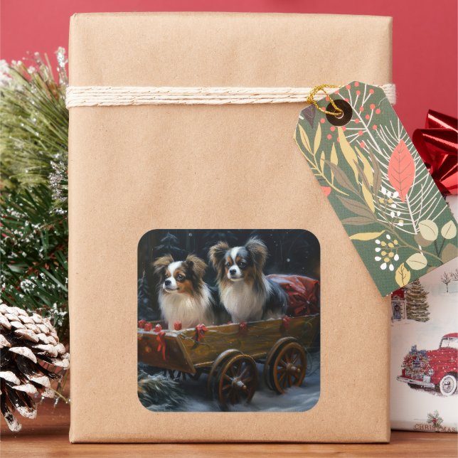 Papillon Snowy Sleigh Christmas Decor  Square Sticker (Holiday)