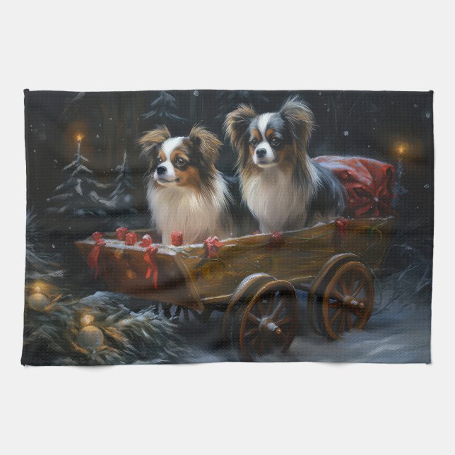 Papillon Snowy Sleigh Christmas Decor  Tea Towel (Horizontal)