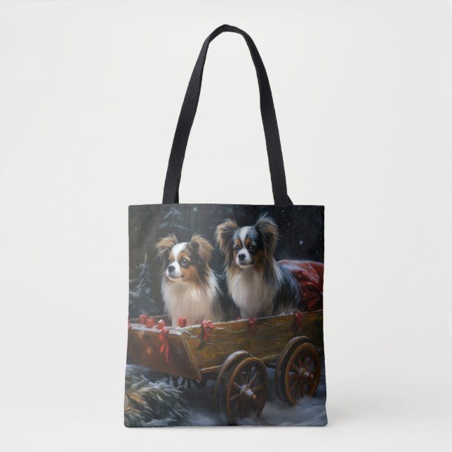 Papillon Snowy Sleigh Christmas Decor  Tote Bag (Front)