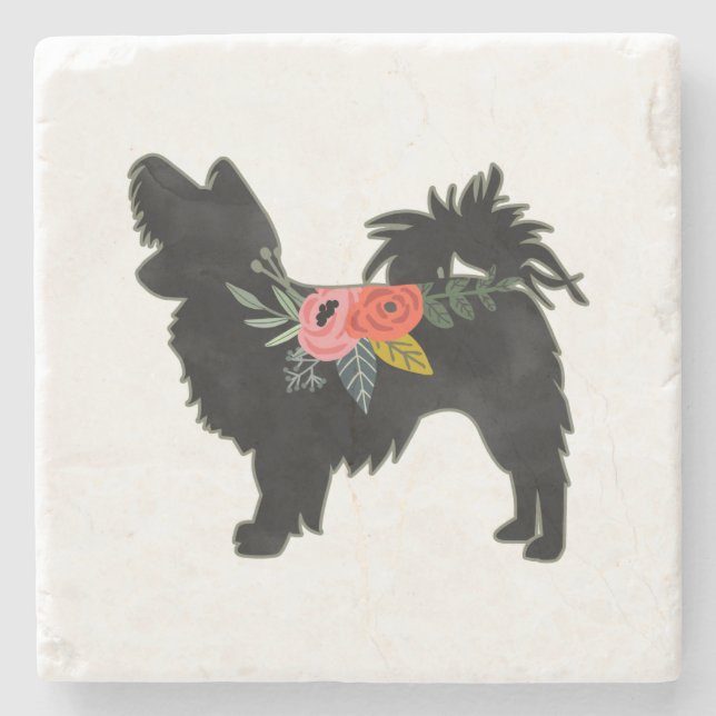 Papillon Toy Dog Breed Boho Floral Silhouette Stone Coaster (Front)