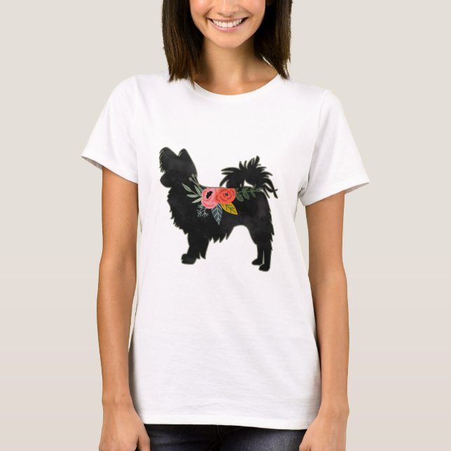 Papillon Toy Dog Breed Boho Floral Silhouette T-Shirt (Front)