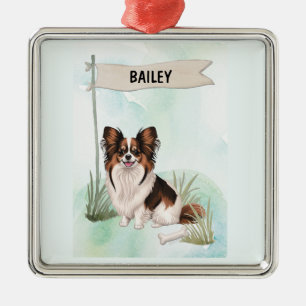 Papillon Watercolor Personalised Dog Metal Tree Decoration