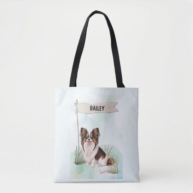 Papillon Watercolor Personalised Dog Tote Bag (Front)