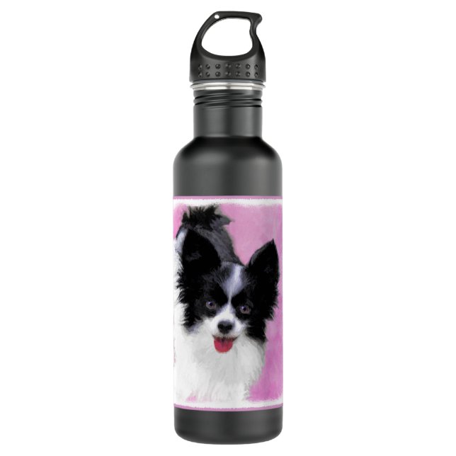 Papillon (White and Black) Painting - Dog Art 710 Ml Water Bottle (Front)