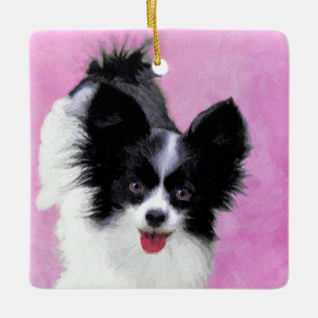 Papillon (White and Black) Painting - Dog Art Ceramic Ornament (Front)