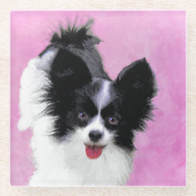 Papillon (White and Black) Painting - Dog Art Glass Coaster (Front)