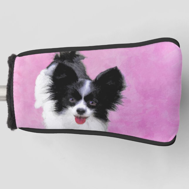 Papillon (White and Black) Painting - Dog Art Golf Head Cover (Front)