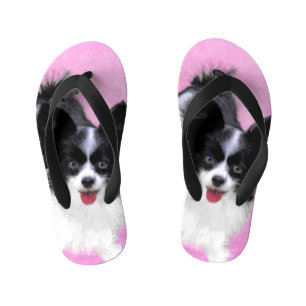 Papillon (White and Black) Painting - Dog Art Kid's Flip Flops