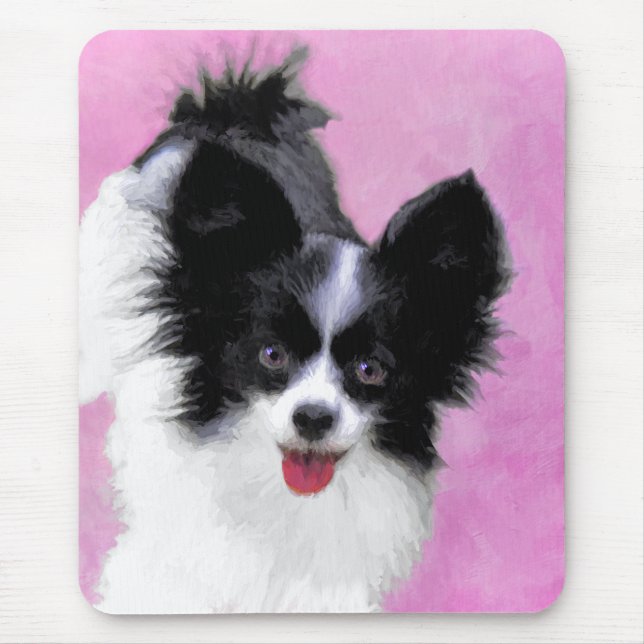 Papillon (White and Black) Painting - Dog Art Mouse Mat (Front)