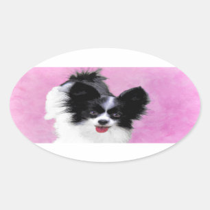 Papillon (White and Black) Painting - Dog Art Oval Sticker