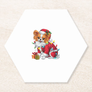 Papillon Xmas Lighting Santa Papillon Dog Christma Paper Coaster
