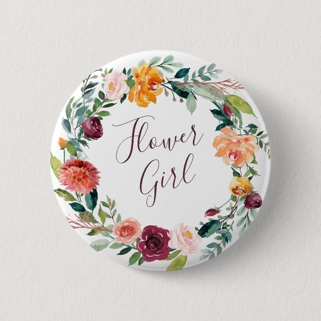 Paprika Burgundy Floral Flower Girl Button (Front)