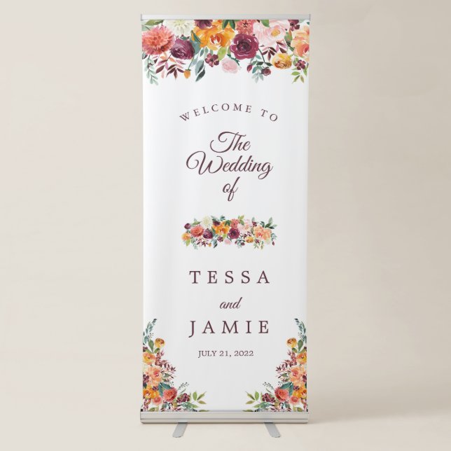 Paprika Burgundy Floral Retractable Welcome Banner (Front)