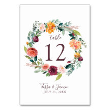 Paprika Burgundy Floral Table Number Card