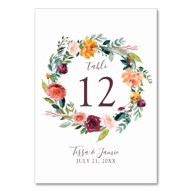 Paprika Burgundy Floral Table Number Card (Front)