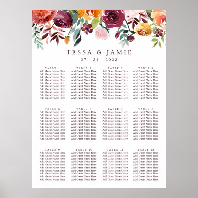 Paprika Burgundy Floral Wedding Seating Chart (Front)