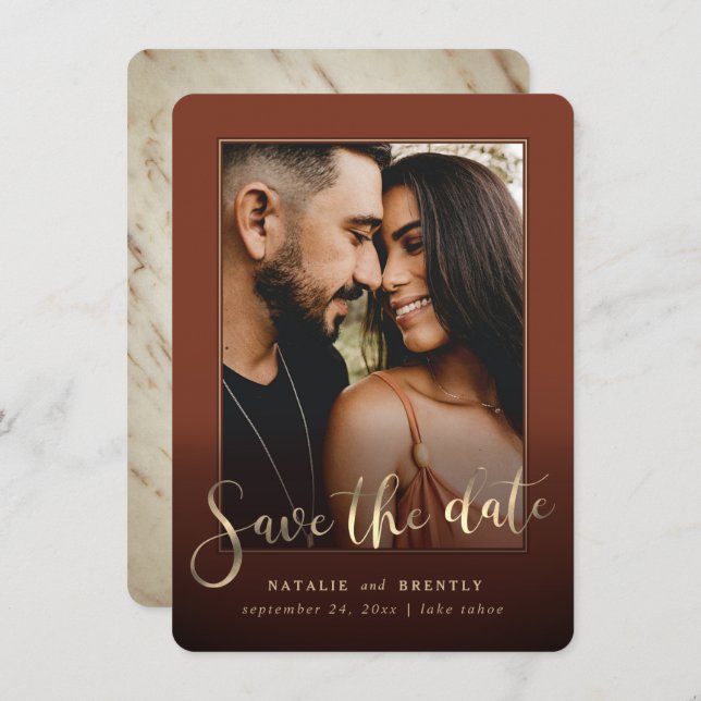 Paprika Sienna Gold Script & Marble Photo Overlay Save The Date (Front/Back)