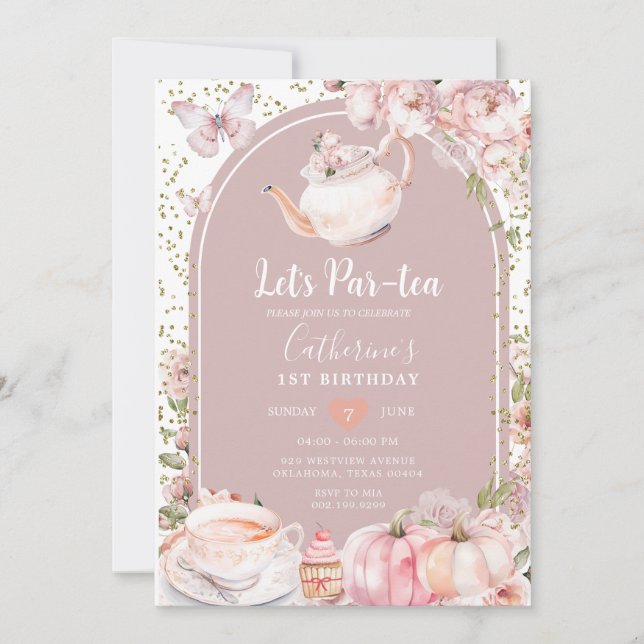  Par-tea Birthday Tea Party Girl Pumpkin Invitation (Front)