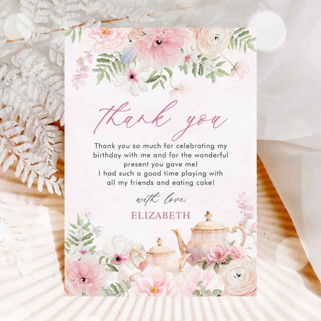 Par-tea Floral Tea Girl Birthday Party Thank You Card (Creator Uploaded)