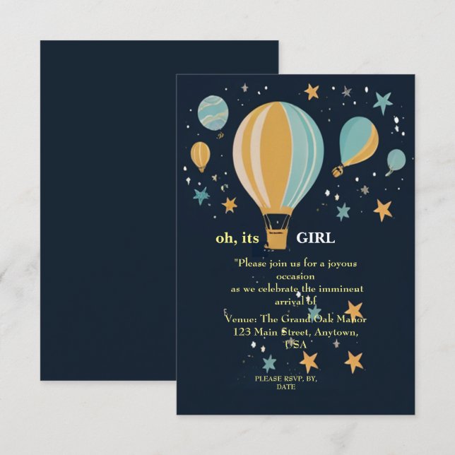 parachute balloons blue babygirl shower invitation (Front/Back)