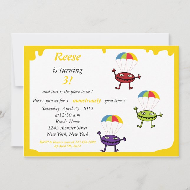 Parachute drop- monster birthday invitation-3 invitation (Front)