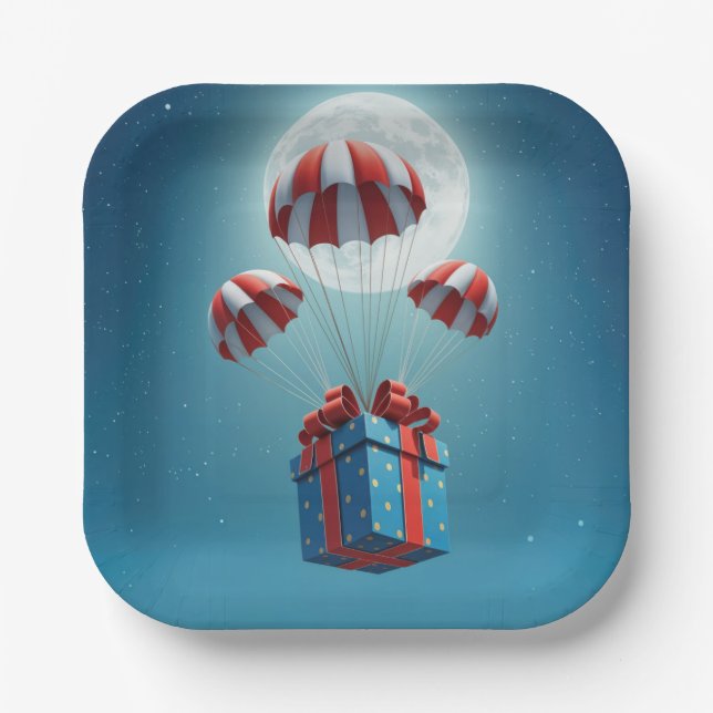 Parachutes Delivering a Christmas Gift  Paper Plate (Front)