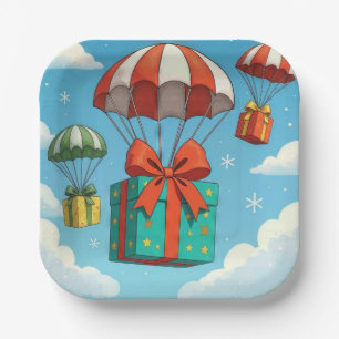 Parachutes Delivering Christmas Gifts Paper Plate