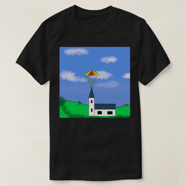 parachuting landing on a church spire T-Shirt (Design Front)