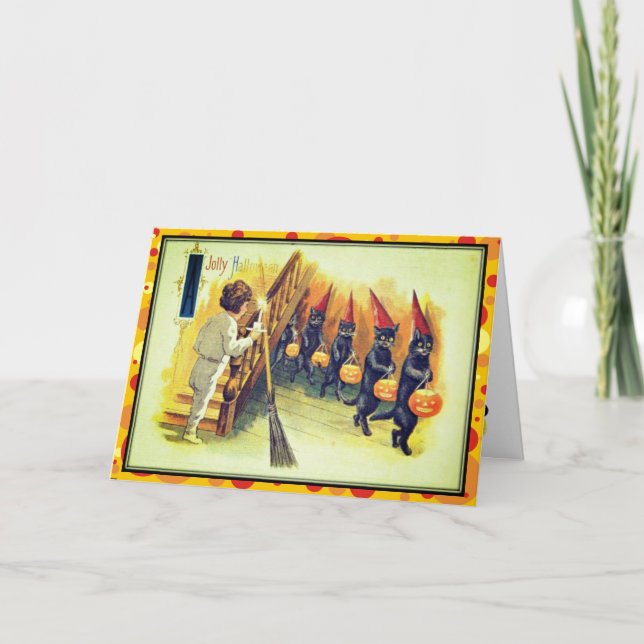 Parade of Black Cats Jolly Halloween Vintage  Card (Front)