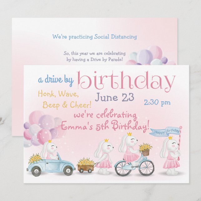 Parade of Pastel Pink Bunnies  Drive By  Birthday Invitation (Front/Back)