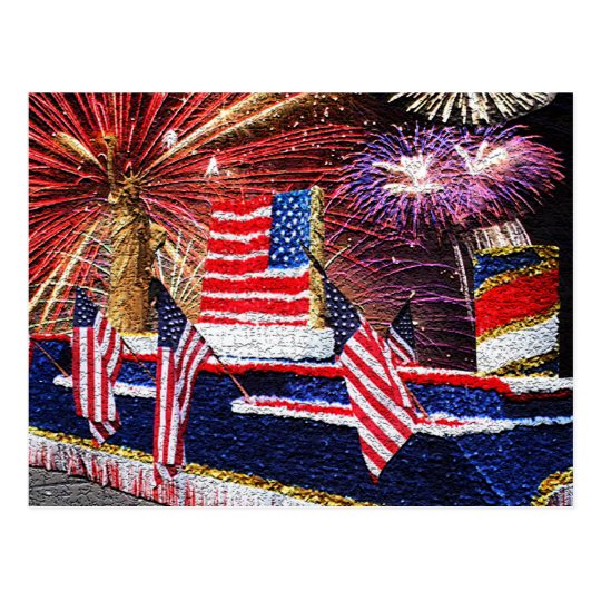 Parade with Statue of Liberty Float and Flag Postcard