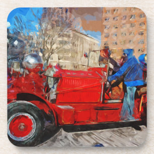 Parading Antique Fire Truck Abstract Impressionism Coaster