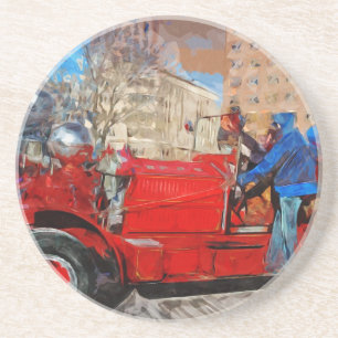 Parading Antique Fire Truck Abstract Impressionism Coaster