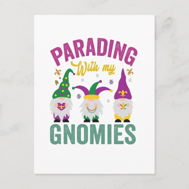 Parading with my Gnomies Funny Mardi Gras Gnomes   Postcard (Front)