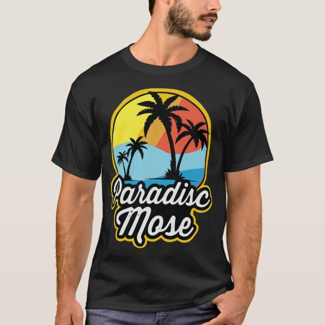 “Paradisc Mose” – Tropical Sunset Logo Design T-Shirt (Front)