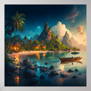 Paradise at Night, with Crystal Clear Water Poster