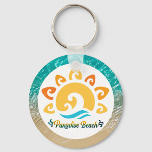 Paradise Beach, Retro Sun and Tropical Ocean Wave Key Ring