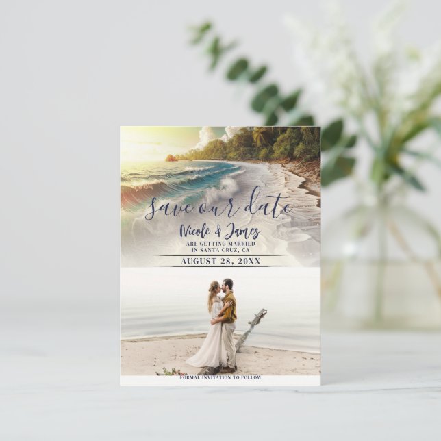 Paradise Beach Sunset Coastal Save the Date Photo Invitation (Standing Front)