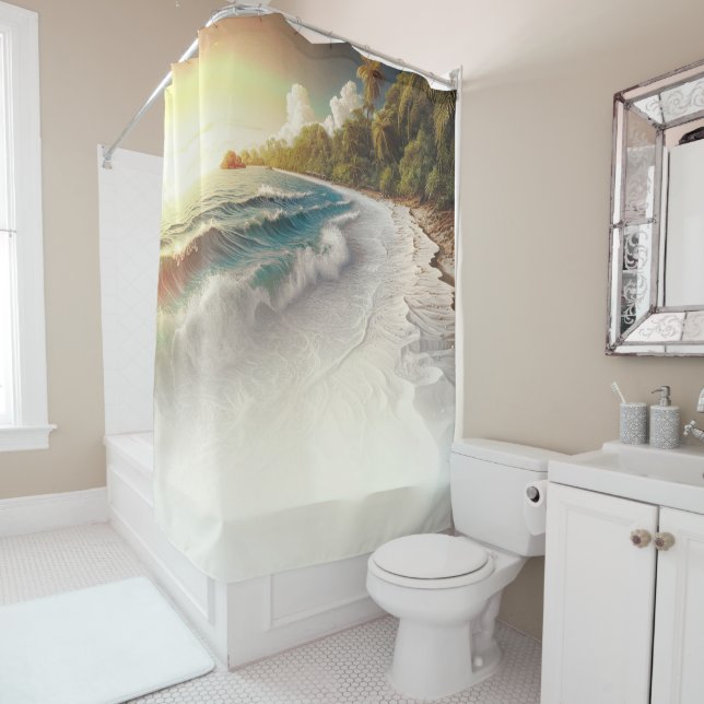 Paradise Beach Sunset Rustic Coastal Shower Curtain (In Situ)
