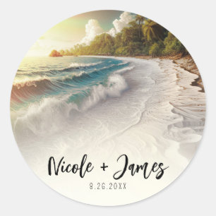Paradise Beach Sunset Rustic Coastal Wedding Classic Round Sticker