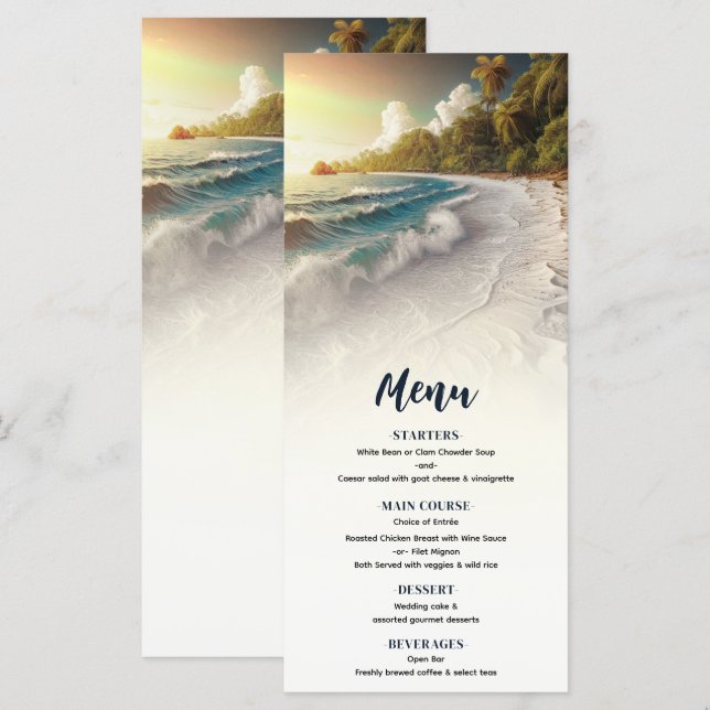 Paradise Beach Sunset Rustic Coastal Wedding Menu (Front/Back)