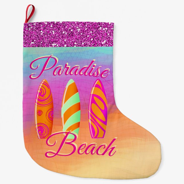 Paradise Beach Surfboards Large Christmas Stocking (Front)