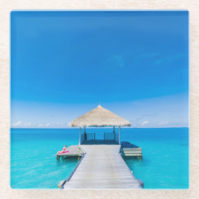 Paradise Beach | Tropical Resort, Maldives Glass Coaster (Front)