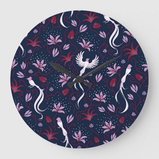 Paradise Birds: Blossoming Vintage Pattern. Large Clock (Front)