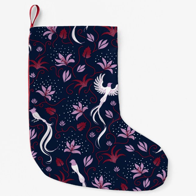 Paradise Birds: Blossoming Vintage Pattern. Small Christmas Stocking (Front)