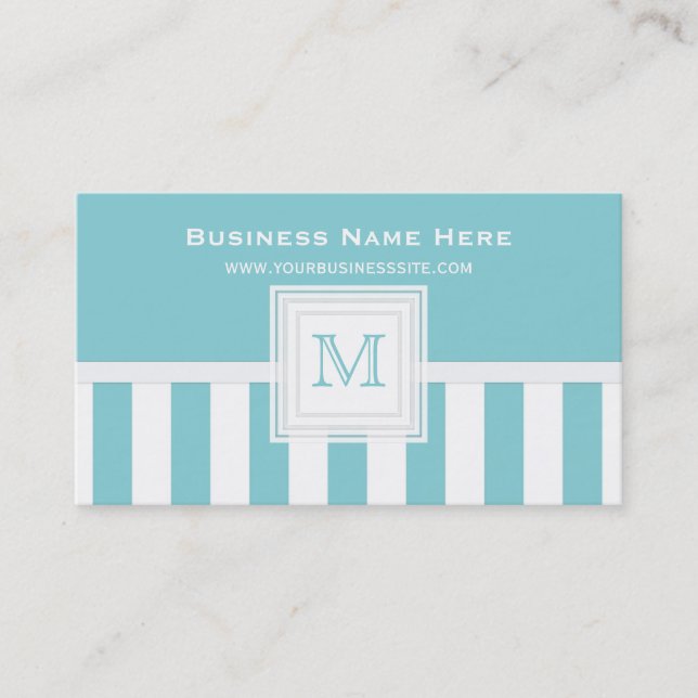 Paradise Blue White Stripe: Monogram Business Card (Front)